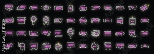 New price icons set outline vector. Sale discount. New deal neon color on black