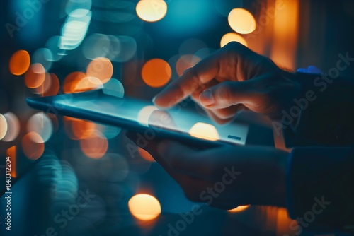 Business Technology Background: Close-Up of Hand Using Tablet with Copy Space