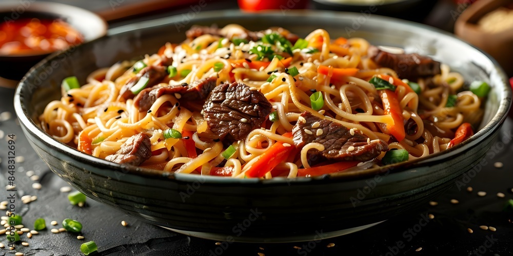 Beef and Vegetable Yakisoba Stir-Fry. Concept Beef, Vegetables, Yakisoba, Stir-Fry, Japanese Cuisine Beef and Vegetable Yakisoba Stir-Fry. Concept Beef, Vegetables, Yakisoba, Stir-Fry, Japanese Cuisine