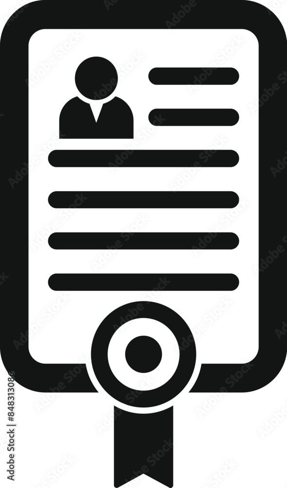 Black and white icon of an official document certifying personal data with photo id and stamp Black and white icon of an official document certifying personal data with photo id and stamp