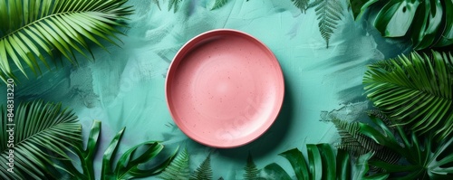 Round pink plate on a green background with palm leaves, vibrant and tropical, perfect for food photography and exotic cuisine promotions