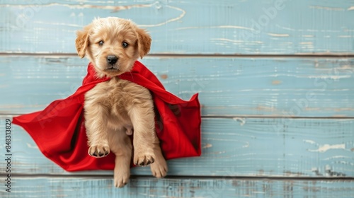 Superhero puppy  cute dog in mask and cape flying on pastel background, symbolizing superpowers photo