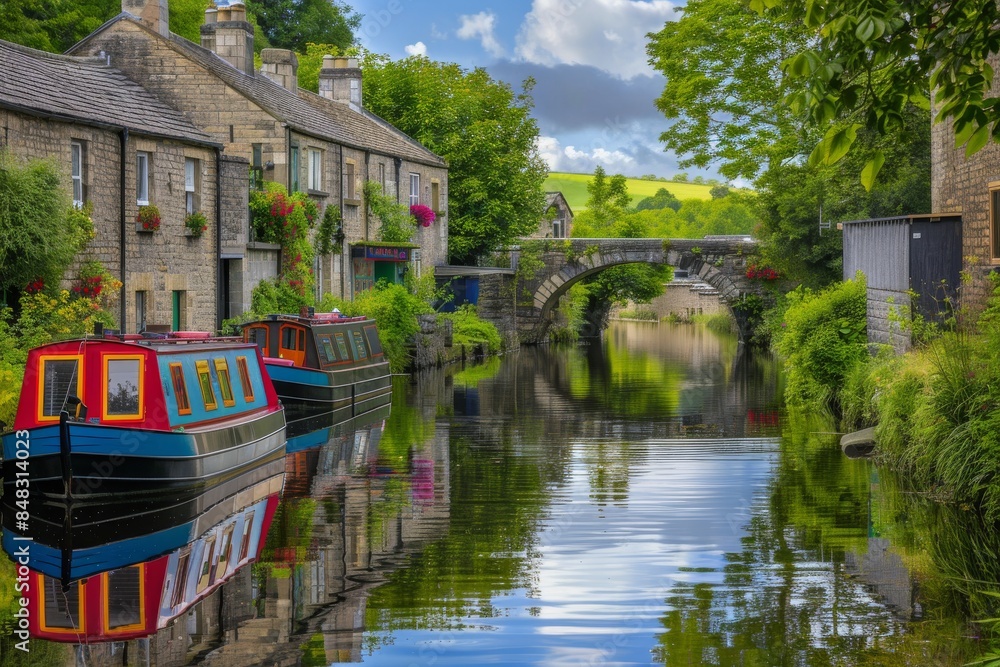 A narrow canal with two colorful narrow boats on it, surrounded by green trees and buildings in the background A narrow canal with two colorful narrow boats on it, surrounded by green trees and buildings in the background