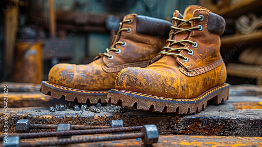 Pair of rugged work boots on a wooden surface Pair of rugged work boots on a wooden surface