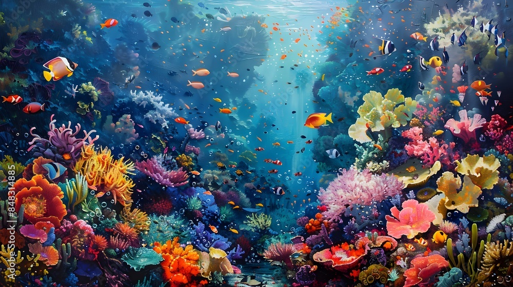 Naklejka premium Captivating Coral Reef Teeming with Vibrant Marine Life in Oil on Canvas