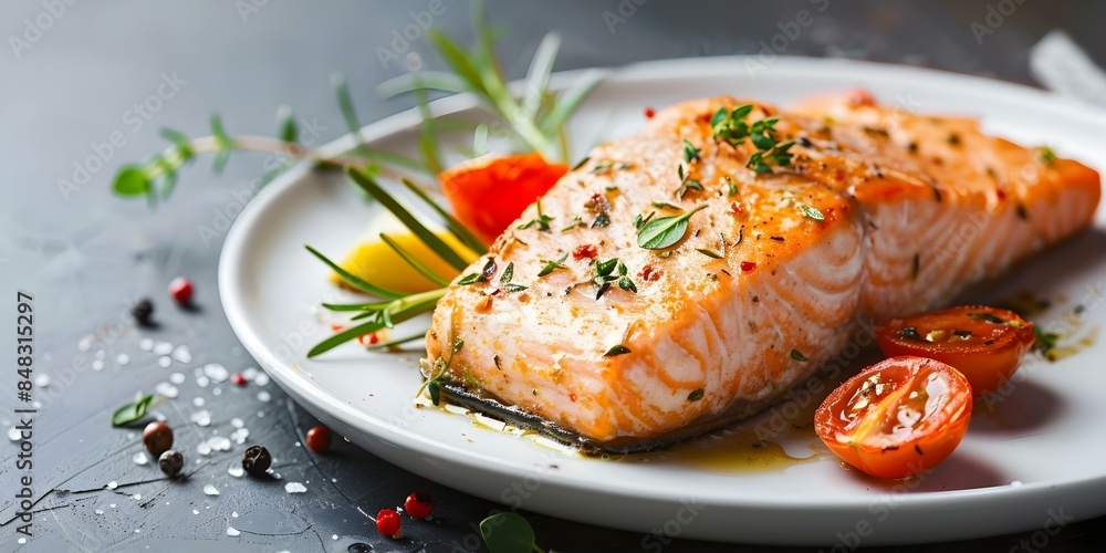 Salmon Recipe Baked with Garlic and Herbs, Served on a White Plate. Concept Salmon Recipe, Baked, Garlic, Herbs, White Plate