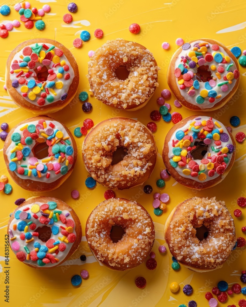 Donuts with colorful toppings on a yellow surface, playful and inviting, perfect for food themes Donuts with colorful toppings on a yellow surface, playful and inviting, perfect for food themes