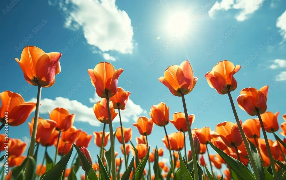 Naklejka premium Sunlit Tulip Field on a Clear Day