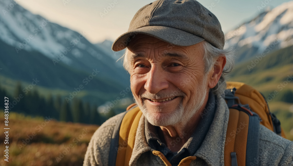 Happy elderly traveler with a backpack against the backdrop of majestic mountain peaks at sunset Happy elderly traveler with a backpack against the backdrop of majestic mountain peaks at sunset
