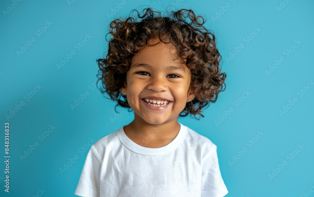 Happy Child with Curly Hair Against Blue Background Happy Child with Curly Hair Against Blue Background