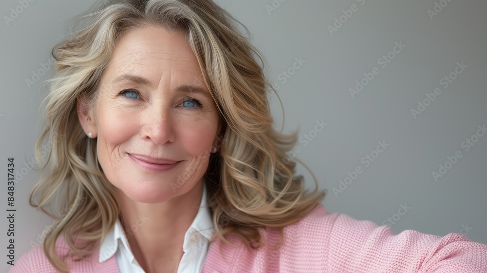 Portrait of a beautiful senior woman with blond hair in pink sweater and shirt on a gray background Portrait of a beautiful senior woman with blond hair in pink sweater and shirt on a gray background