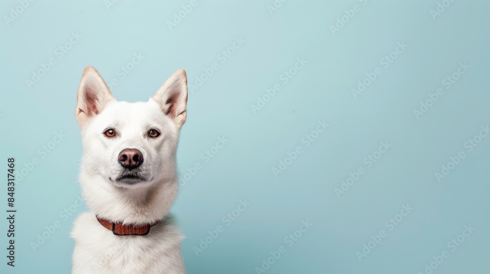White dog with brown collar stares at camera, against light blue background White dog with brown collar stares at camera, against light blue background