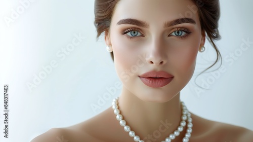 Beautiful young woman with elegant pearls jewelry neclace on grey background, Women jewelry concept photo