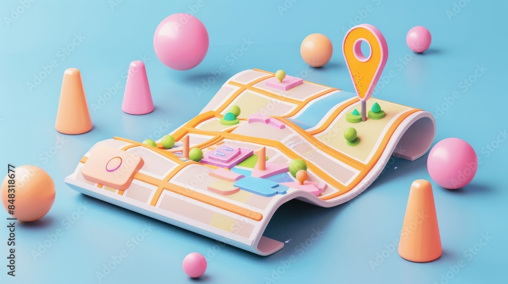Folded paper map with search bar and pin icon for GPS navigation. Ideal ...