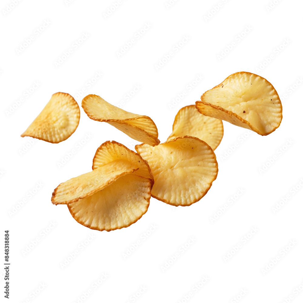 Hot and tasty Crispy potato chips flying isolated on a transparent background Hot and tasty Crispy potato chips flying isolated on a transparent background