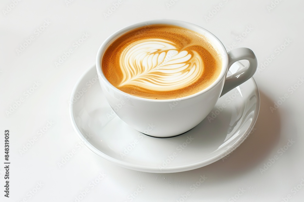 A close-up shot of a white cup filled with a beautifully crafted latte with art on top, placed on a white saucer against a plain background. A close-up shot of a white cup filled with a beautifully crafted latte with art on top, placed on a white saucer against a plain background.