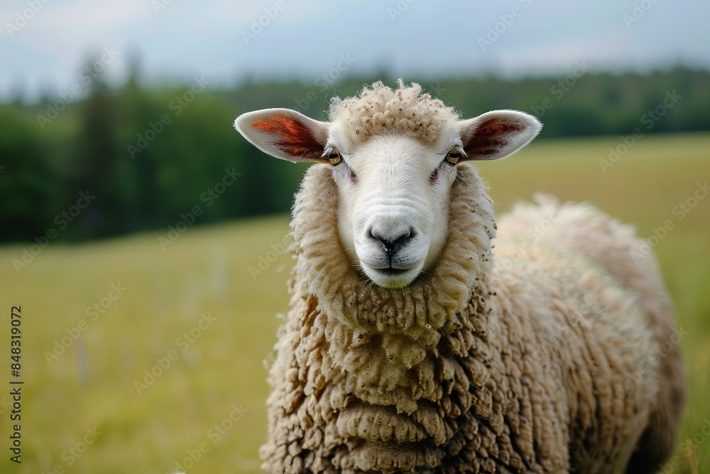 A close-up of a sheep standing in a green field on a sunny day with a forest in the background. A close-up of a sheep standing in a green field on a sunny day with a forest in the background.