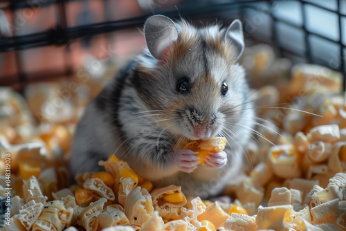 A cute hamster eating popcorn in its cage, surrounded by more popcorn. The hamster appears focused and content with its snack. photo