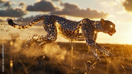 Cheetah running at high speed across savannah at sunset, creating a dramatic and dynamic wildlife scene with dust and golden light.