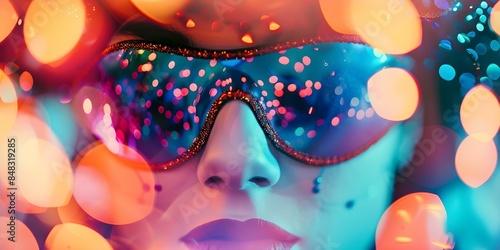 Enhance the Venetian Carnival Atmosphere with Abstract Bokeh Lights and Disguised Masquerade Partygoers. Concept Venetian Carnival, Abstract Bokeh Lights, Masquerade Partygoers, Enhanced Atmosphere photo