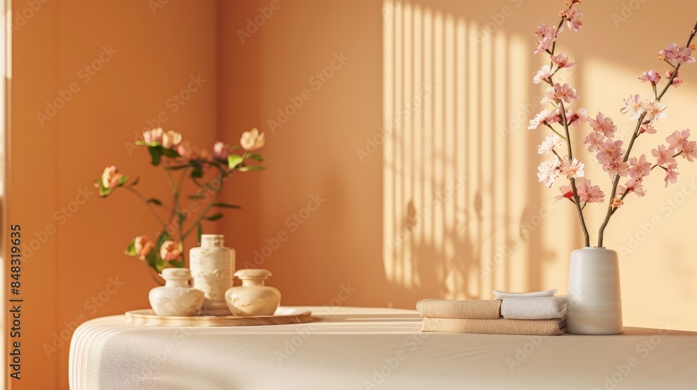 A tranquil spa interior mockup with a calming color palette and delicate floral accents A tranquil spa interior mockup with a calming color palette and delicate floral accents