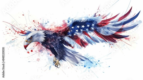 A blue eagle with red and white feathers flying over a white background. America concept