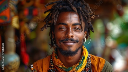 Close-up of an African man with traditional jewelry and a vibrant background