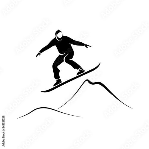 Silhouette of a snowboarder performing a jump or trick against a white background