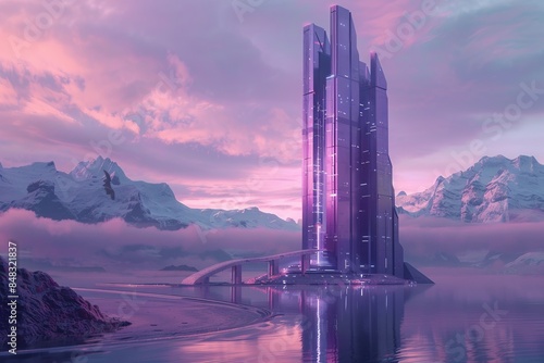 A futuristic city with a purple sky and a large building in the background © Aliaksandr Siamko