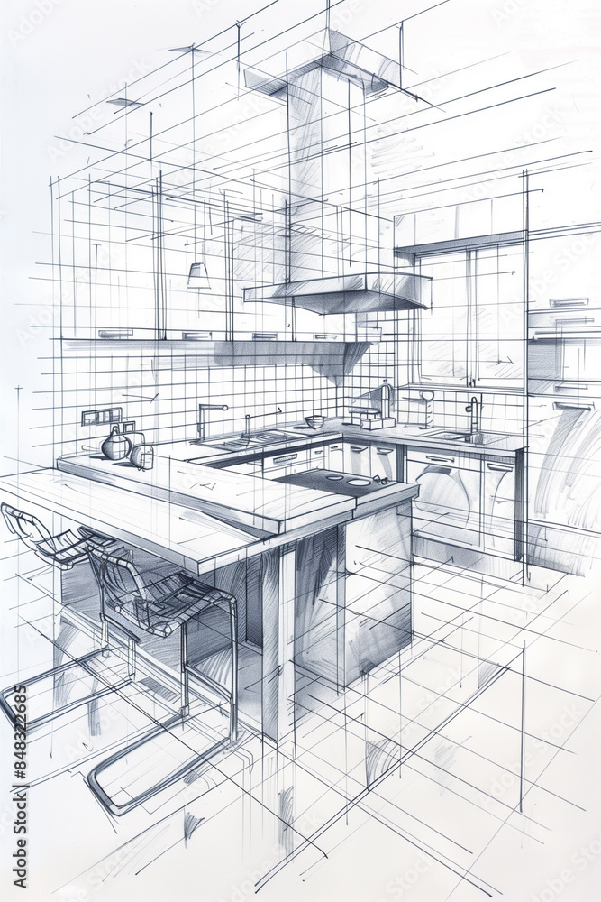 Modern Kitchen Interior Design Wireframe Rendering Modern Kitchen Interior Design Wireframe Rendering