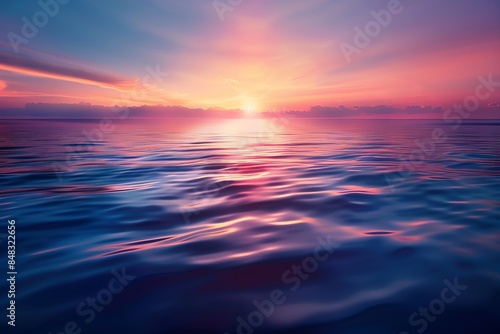 Breathtaking ocean sunset with vibrant hues of pink and purple reflecting on the calm waters, creating a serene and picturesque seascape.