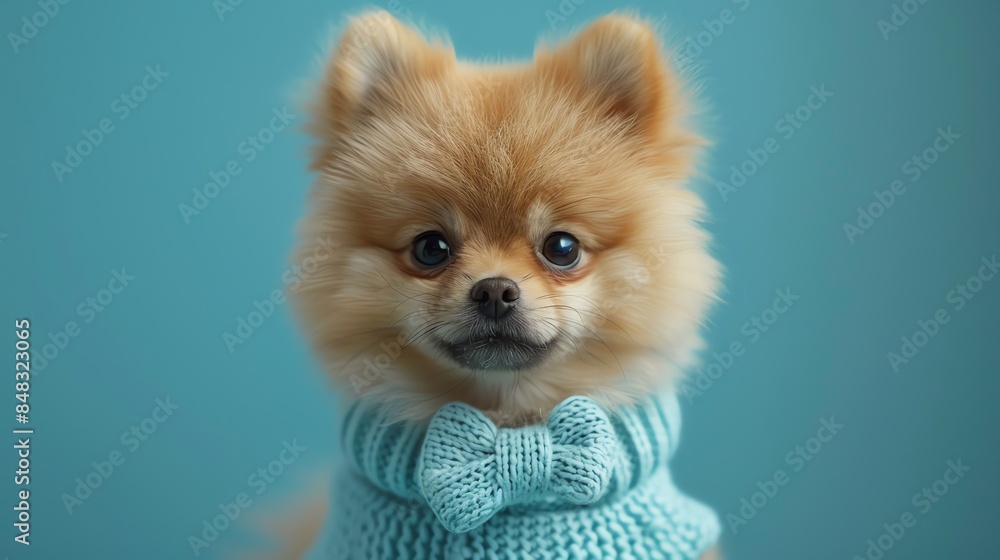 Pomeranian in blue dress with bow, blue background, adorable and stylish Pomeranian in blue dress with bow, blue background, adorable and stylish