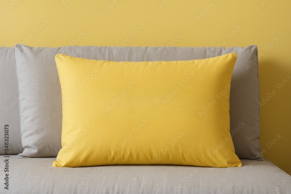 A cheerful pillow on a pastel yellow backdrop with text space A cheerful pillow on a pastel yellow backdrop with text space