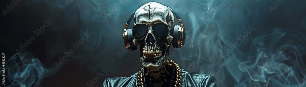 Skeleton DJ with gold chains, headphones, dark background Skeleton DJ with gold chains, headphones, dark background