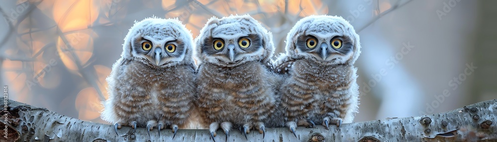 Obraz premium Three fluffy owlets perched together, wideeyed and adorable, soft blurred background