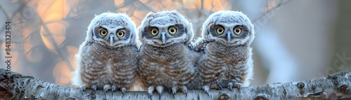 Three fluffy owlets perched together, wideeyed and adorable, soft blurred background photo