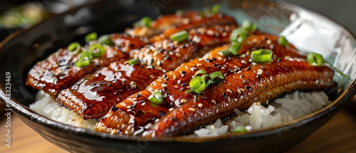 Unagi over rice, glazed eel, garnished with green onions