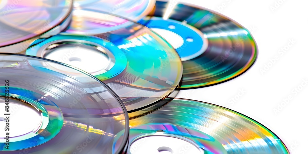 Collection of CDs and DVDs in closeup on white background. Concept Closeup Photography, CDs, DVDs, White Background, Product Showcase