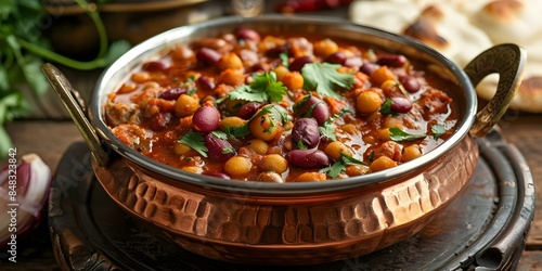 Traditional Indian Rajma Curry Served in a Copper Bowl in a Cozy Home Setting. Concept Indian Cuisine, Rajma Curry, Copper Bowl, Home Cooking, Cozy Setting