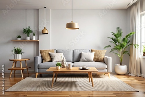 Minimal scandinavian-inspired living room design with sleek couch and coffee tables, minimalist, scandinavian, living room