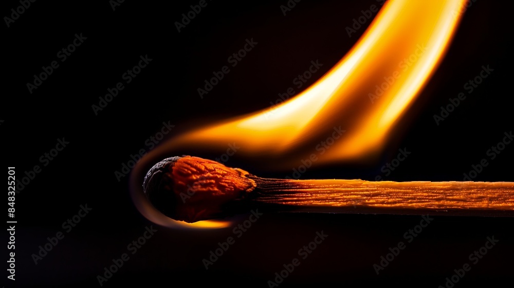 Close-up of a matchstick igniting in dark. Concept of ignition, flame, and fire with a striking visual of a burning match. Close-up of a matchstick igniting in dark. Concept of ignition, flame, and fire with a striking visual of a burning match.