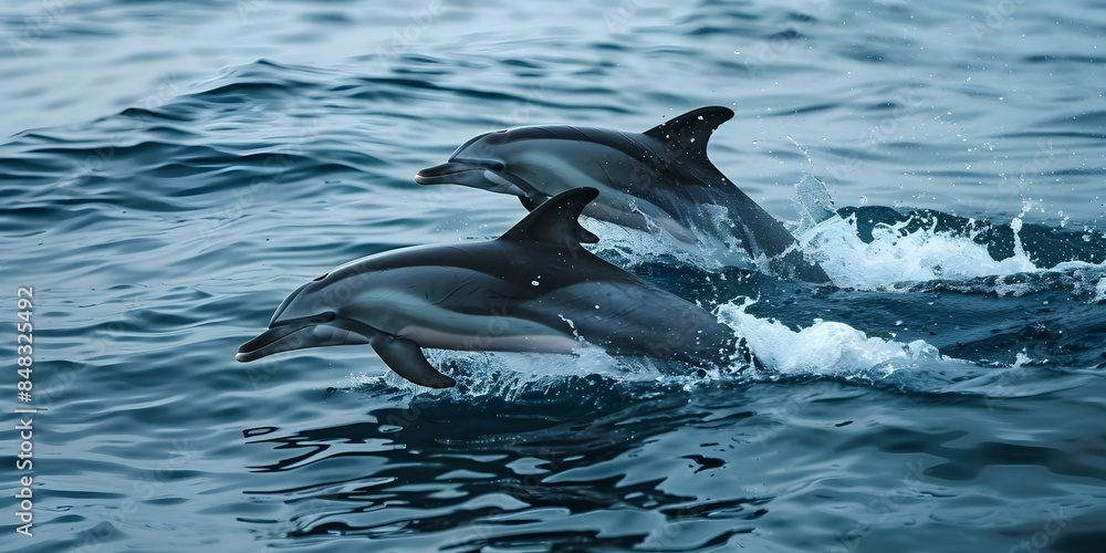 Naklejka premium The Graceful Beauty of Dolphins as They Swim in the Ocean. Concept Marine Life, Dolphins, Ocean Scenes, Graceful Movements, Underwater Photography