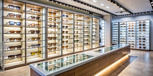 Modern and stylish eyewear store with a wide selection of fashionable glasses and sunglasses on display, eyewear, store
