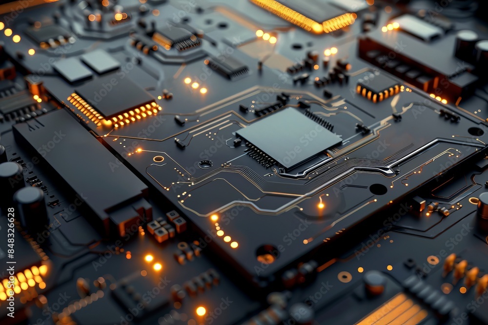 Close-up of an illuminated electronic circuit board with microchips and components, showcasing modern technology and intricate design. Close-up of an illuminated electronic circuit board with microchips and components, showcasing modern technology and intricate design.