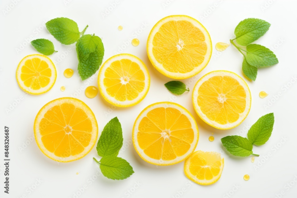 Fresh lemon slices, mint leaves, and lemon juice drops on a pristine white background Fresh lemon slices, mint leaves, and lemon juice drops on a pristine white background