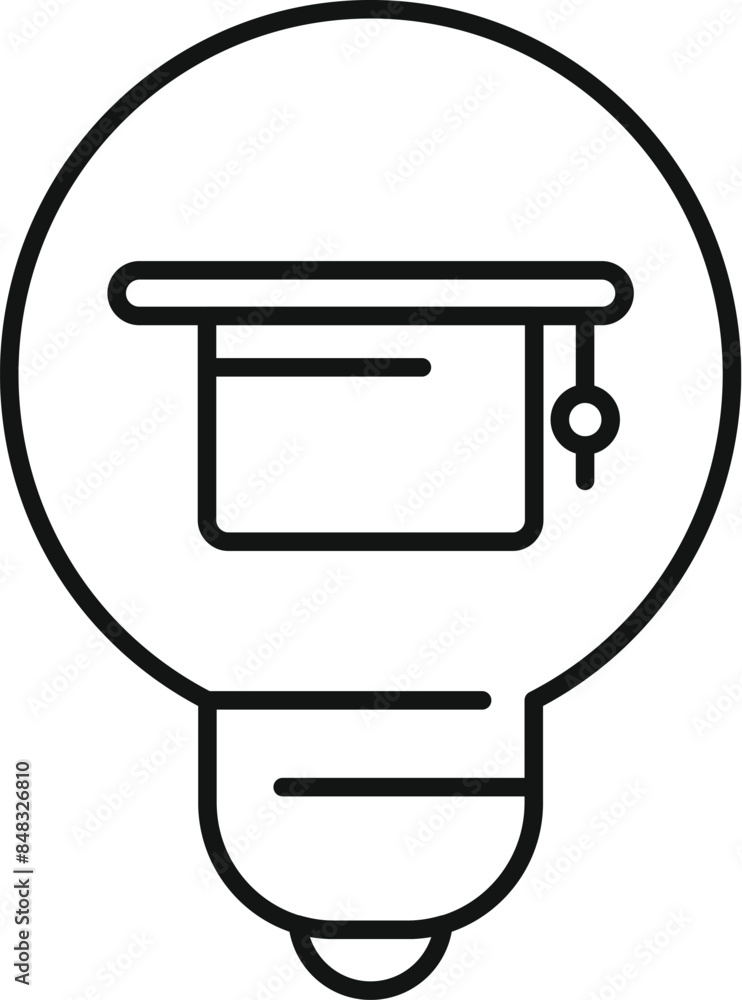 Line art icon of a lightbulb containing a graduation cap, representing the concept of knowledge