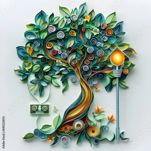 Intricate Paper Quilling and Cutout Art Depicting an Eco-Friendly Tree with Energy-Saving Symbolism