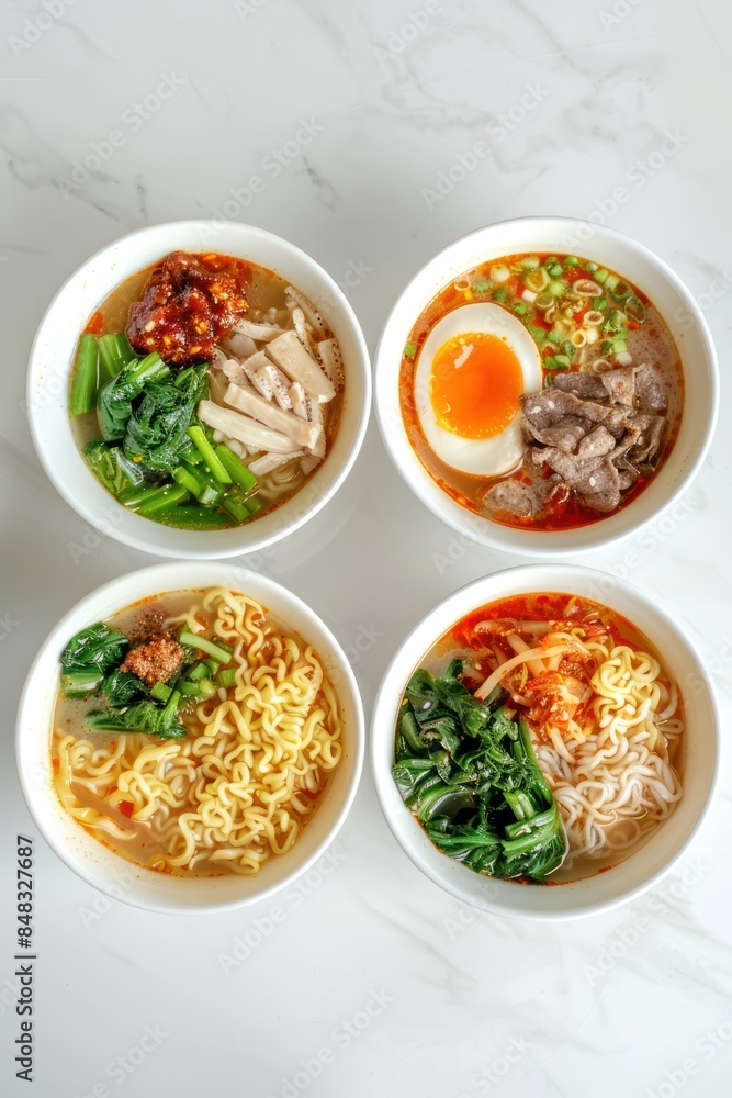 Three Bowls of Ramen Noodles With Toppings Three Bowls of Ramen Noodles With Toppings