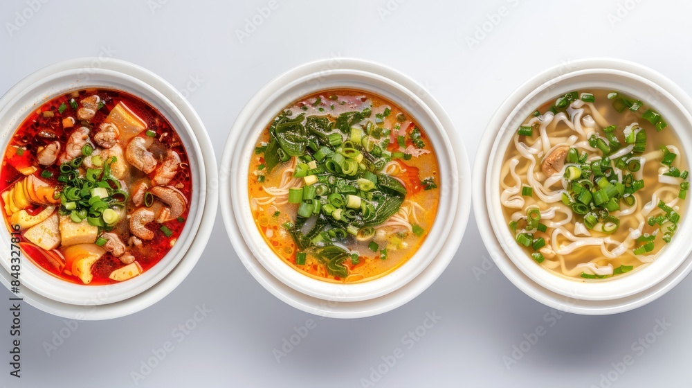 Three Bowls of Ramen Noodles With Toppings Three Bowls of Ramen Noodles With Toppings