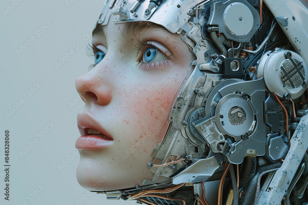 Portrait of the face of a young white girl with synthetic skin and blue eyes, on a robotic head with mechanical elements, gears, cables. Concept of technological advances and artificial intelligence Portrait of the face of a young white girl with synthetic skin and blue eyes, on a robotic head with mechanical elements, gears, cables. Concept of technological advances and artificial intelligence